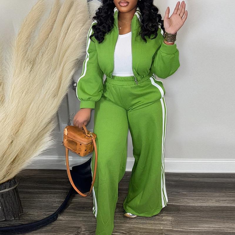 CHICME 2 Pieces Outfit Stand Collar Zip Up Stretchy Hem Crop Coat and Elastic Waist Wide Leg Pants Set Casual Contrast Side Striped Set