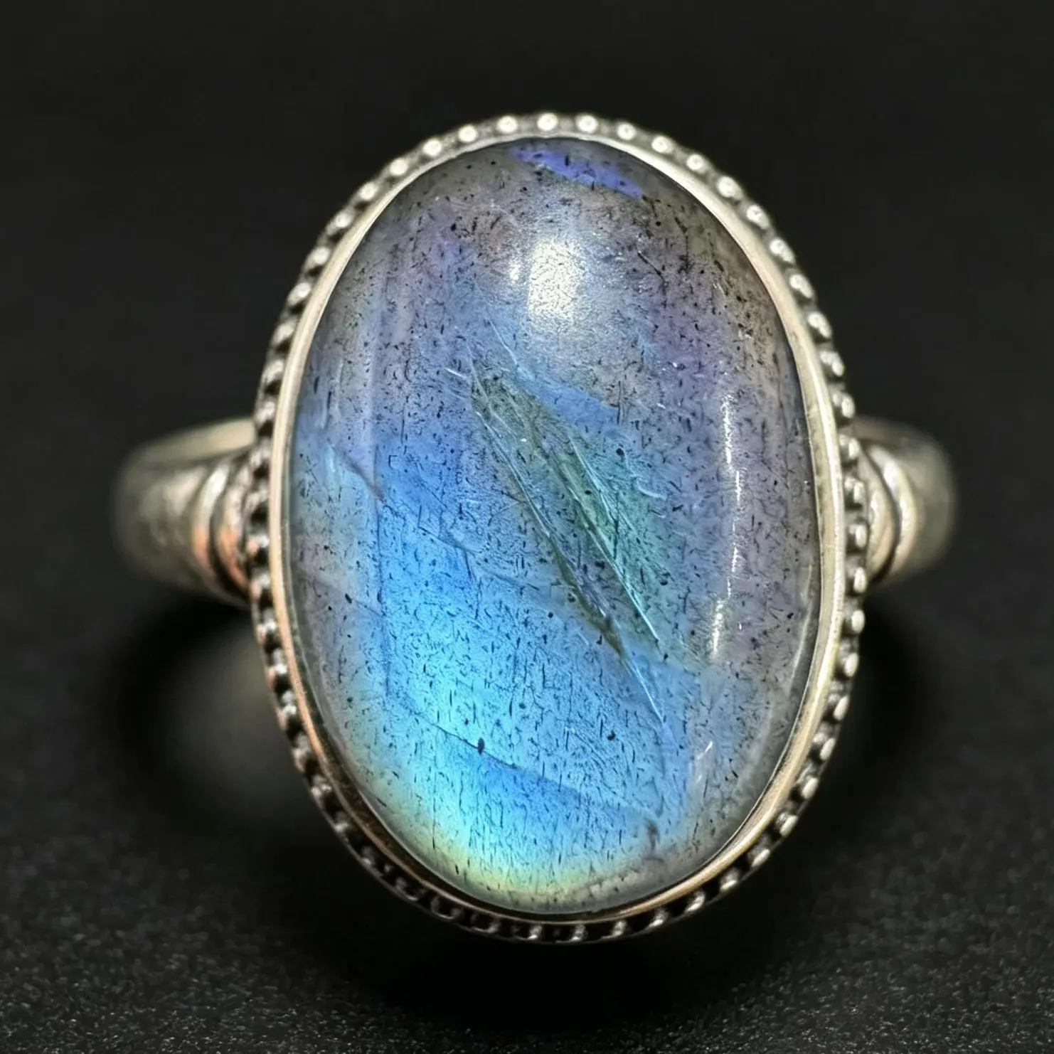 Milgrain Bezel 925 Sterling Silver Bright Blue Flash Labradorite Adjustable Ring, Natural Oval 13.8*9.6mm Color Shift Labradorite Crystal Statement Ring For Women
