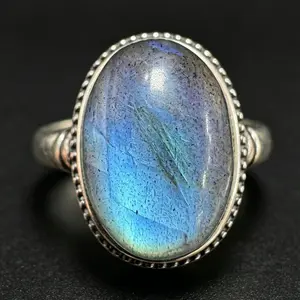 Milgrain Bezel 925 Sterling Silver Bright Blue Flash Labradorite Adjustable Ring, Natural Oval 13.8*9.6mm Color Shift Labradorite Crystal Statement Ring For Women