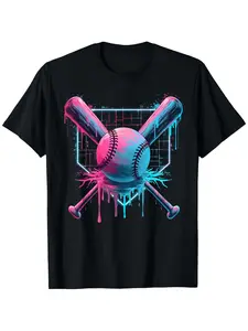 Baseball Home Plate Drip Baseball Bat, Baseball Drip T-Shirt, Fashion Cotton Tops for Men Short Sleeves, Street Style Short T-shirts, Comfortable for Men T-shirts, Round Neck T-shirts, Super Soft, Breathable, Moisture Absorbent
