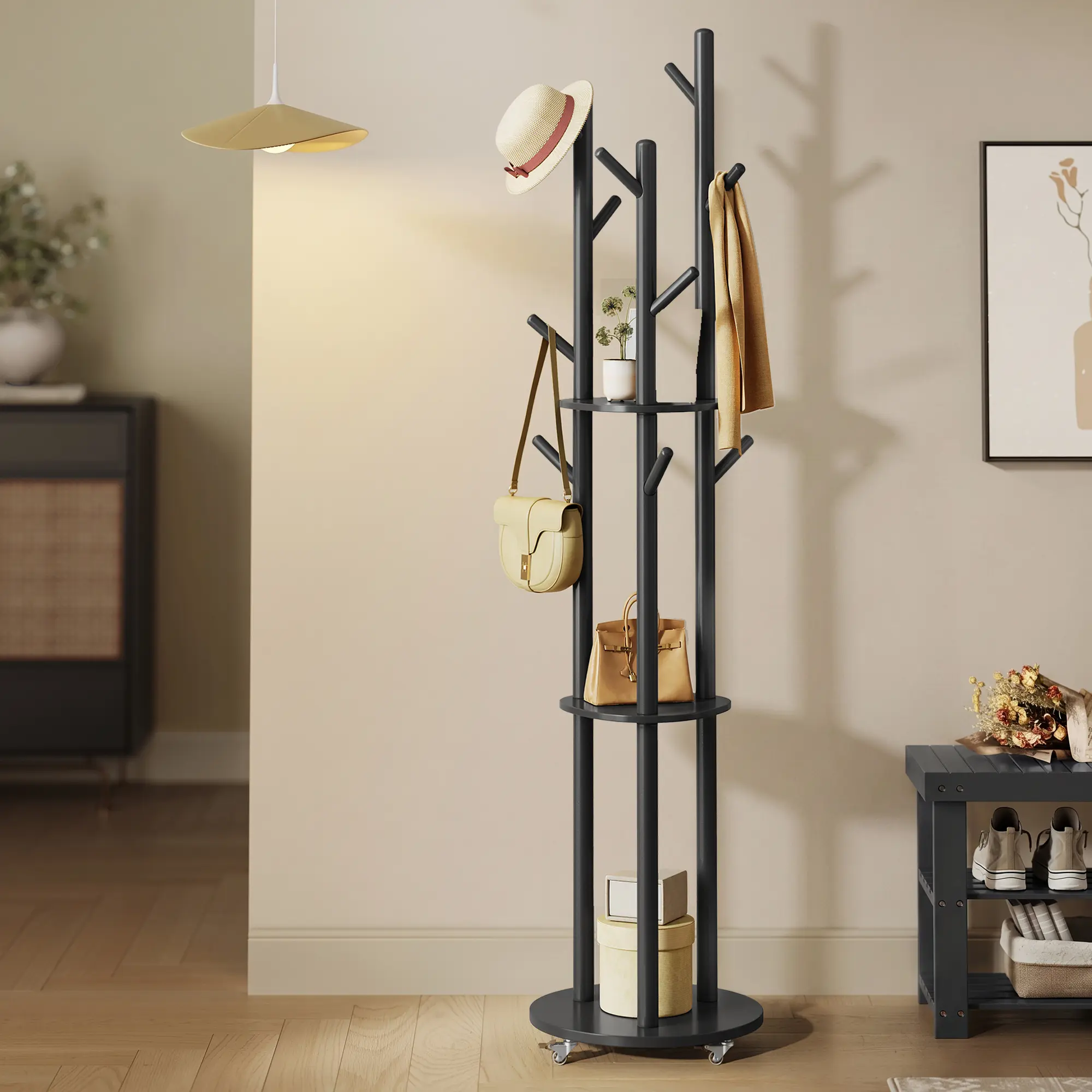 VASAGLE Freestanding Coat Rack Stand with Round Base - Single Unit, 11 Wooden Hooks, 3 Shelves, 4 Removable 360° Swivel Wheels, Wooden Poles for Entryway, Bedroom