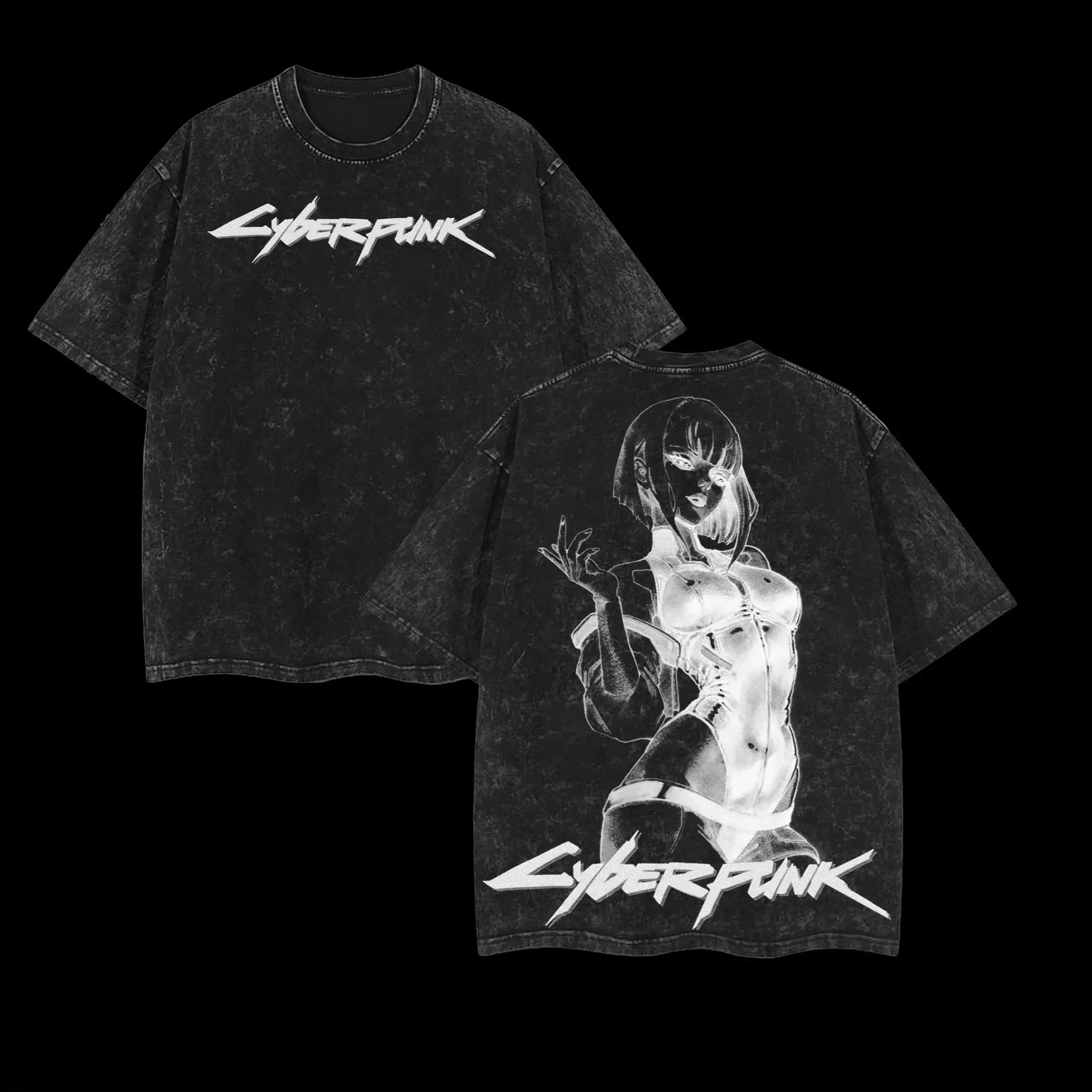 Cyberpunk Lucy Anime Double Printed Vintage Washed Tee Unisex Oversize Heavyweight Cotton T-shirt for Anime Fans and Lovers