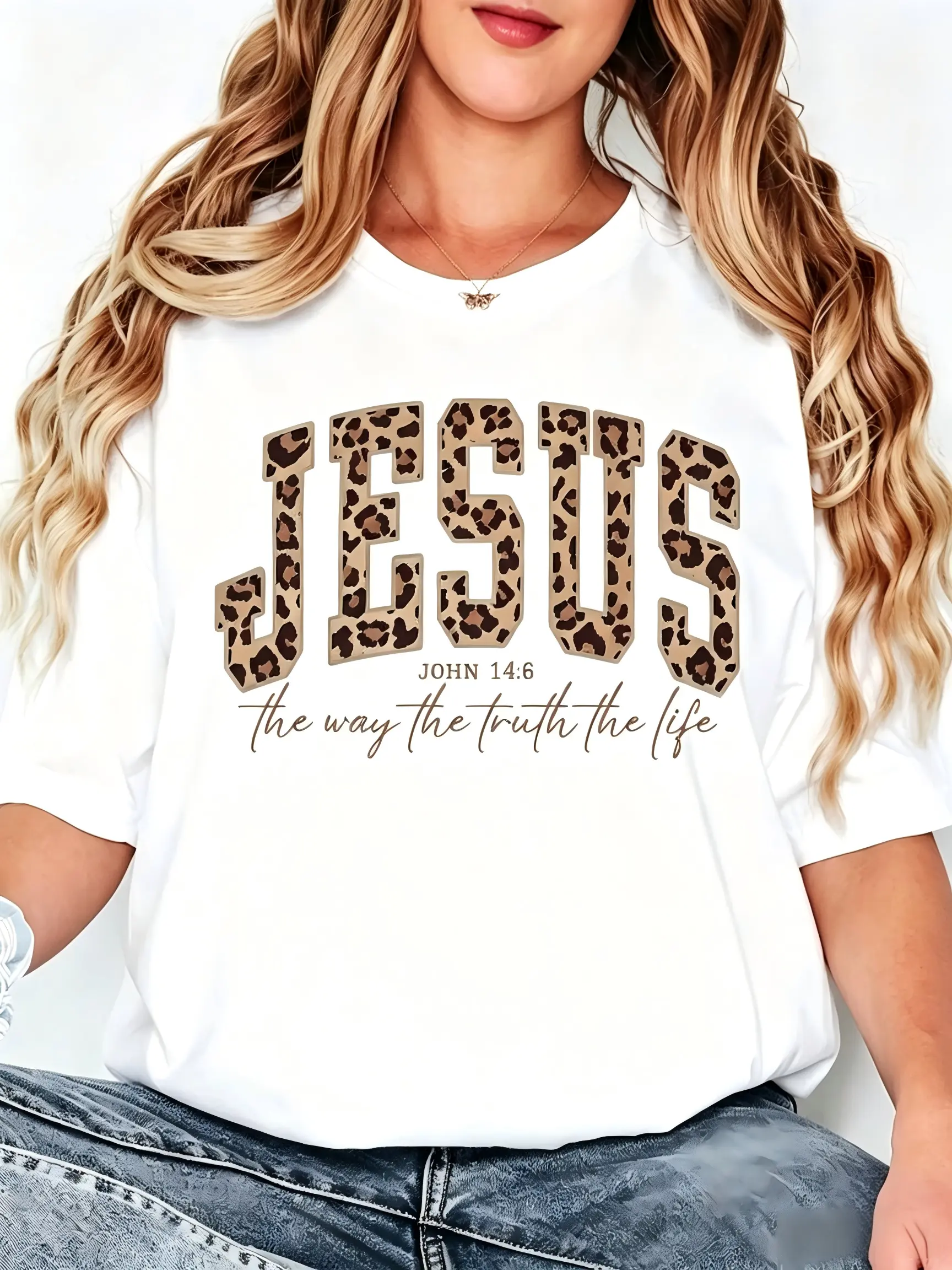 Casual Style Women's T-Shirt Jesus Leopard Print John 14 6 The Way The Truth The Life Christian Faith Statement Summer Wear Gift For Religious Believers