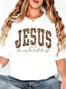 Casual Style Women's T-Shirt Jesus Leopard Print John 14 6 The Way The Truth The Life Christian Faith Statement Summer Wear Gift For Religious Believers