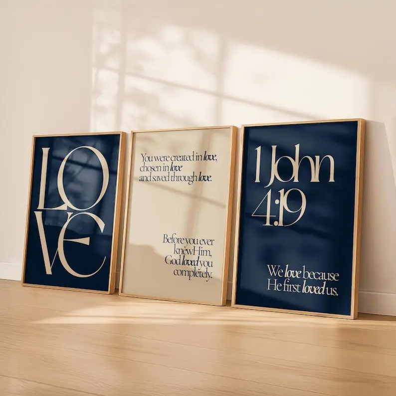 Navy Blue Christian Wall Art Set of 3, 1 John 4:19 Bible Verse Prints, Modern Christian Home Decor, Neutral Faith Wall Art