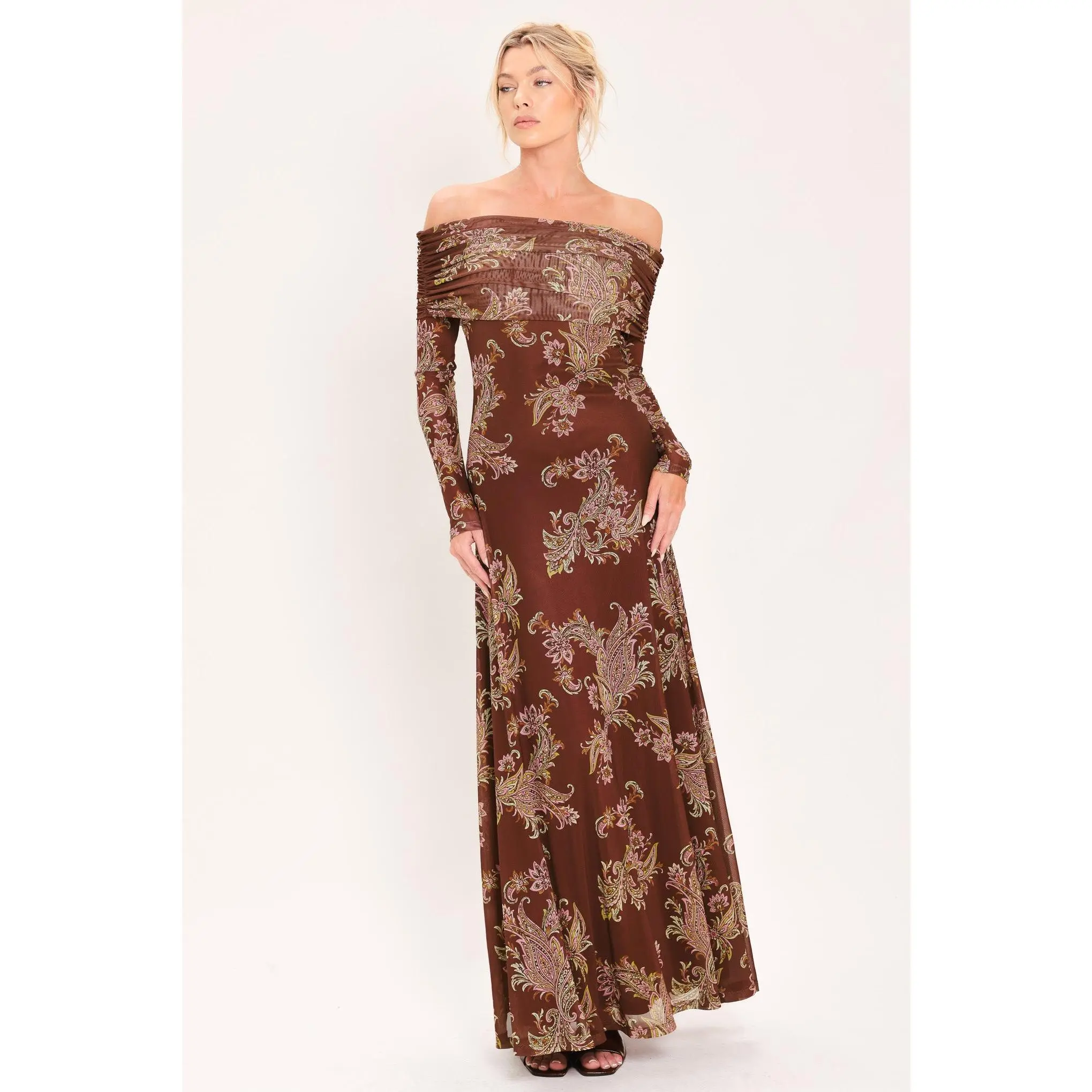 BURNT SIENNA SERENADE LINED POWER MESH MAXI MAXI DRESS
