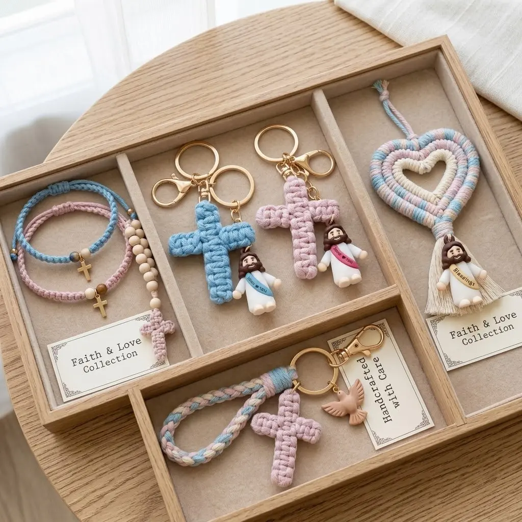 Handmade Macrame Cross Keychain & Jesus Charm with Blessing Message-Christian Faith Love Gift Set for Women/Men - Wooden Beaded Rose Rosary Bracelet for Prayer - Spiritual Religious Decor - Dove Charm Bag Accessory for Baptism First Communion Easter Gifts