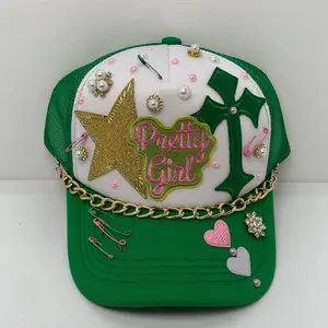 Pretty Girl Trucker Hat with Gold Star Green Cross Pink Hearts & Chains Decorative Accessories