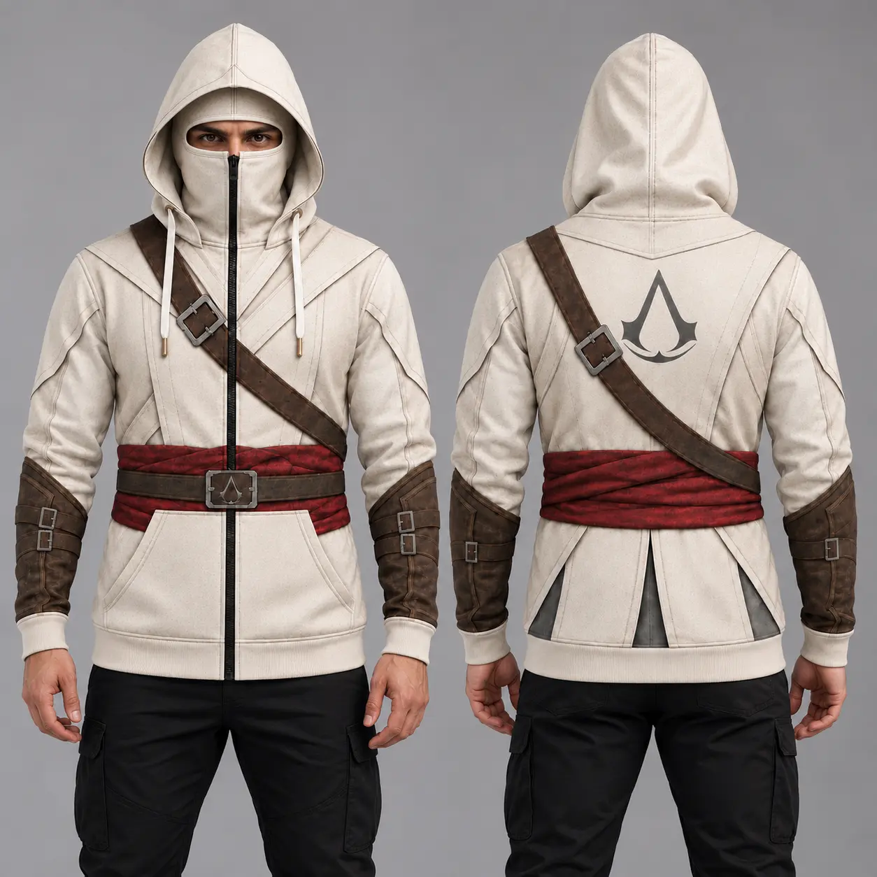 Men’s Assassin Altair Inspired Zip-Up Hoodie with Face Cover, Ivory & Red All-Over Print Hooded Jacket