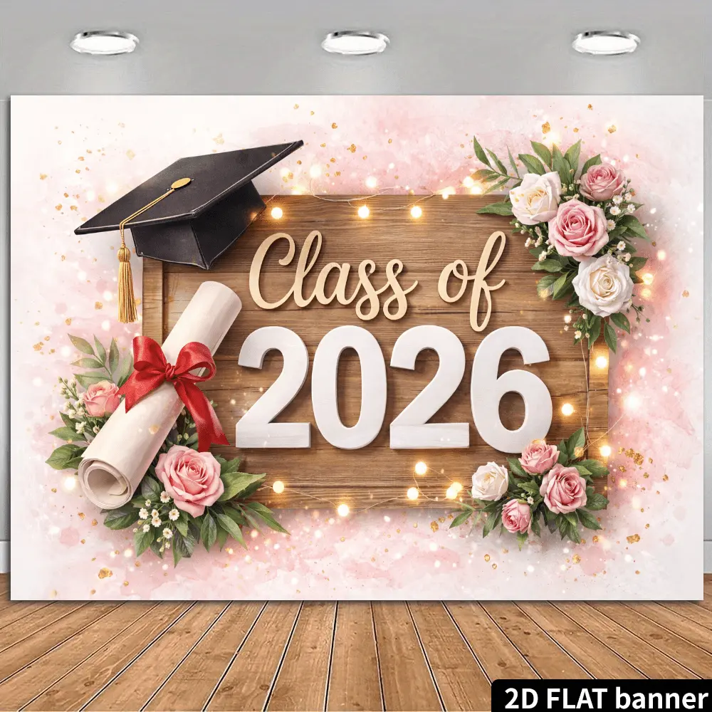 2D Flat Banner Polyester Photography Backdrop, HD Printed Graduation Theme Background Cloth for Class of 2026 Party, Photo Booth, Studio, Event Photography. Cap, Diploma, Roses, String Lights. Soft, Lightweight, Foldable, Washable