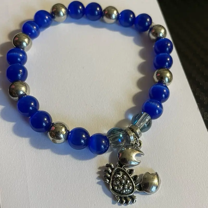 Oceanic Crab: Blue & Silver Beaded Bracelet with Crab Charm