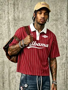 Vintage Red Striped Alabama Men's Short Sleeve Polo Shirt | Y2K Vintage Street Style Short Sleeve Top, Loose Fit, Collegiate Urban Aesthetic T-shirt, Breathable Casual Daily Wear, Trendy Fashion #StreetStyle #Y2KStyle #VintageVibes