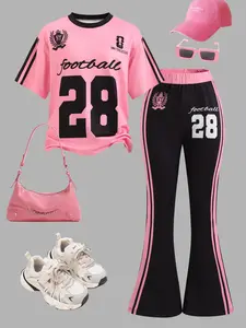 Women's Two-Piece Set Digital Pattern Round Neck English Print Short Sleeve Top and Loose Casual Bell Bottom Pants Clothes Everyday