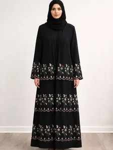 Asma Abaya with Pink and Green Embroidered in Size 54 Elegant Black Kimono Style Abaya for Women