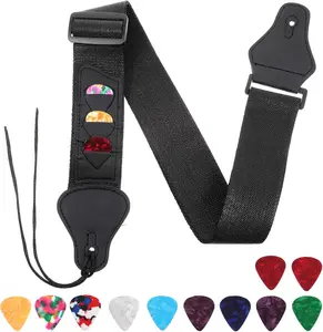 Guitar Strap, Adjustable Acoustic Electric Bass Guitar Straps with 10 count Picks and 3 Pick Holders Accessories for  Guitars (Black)