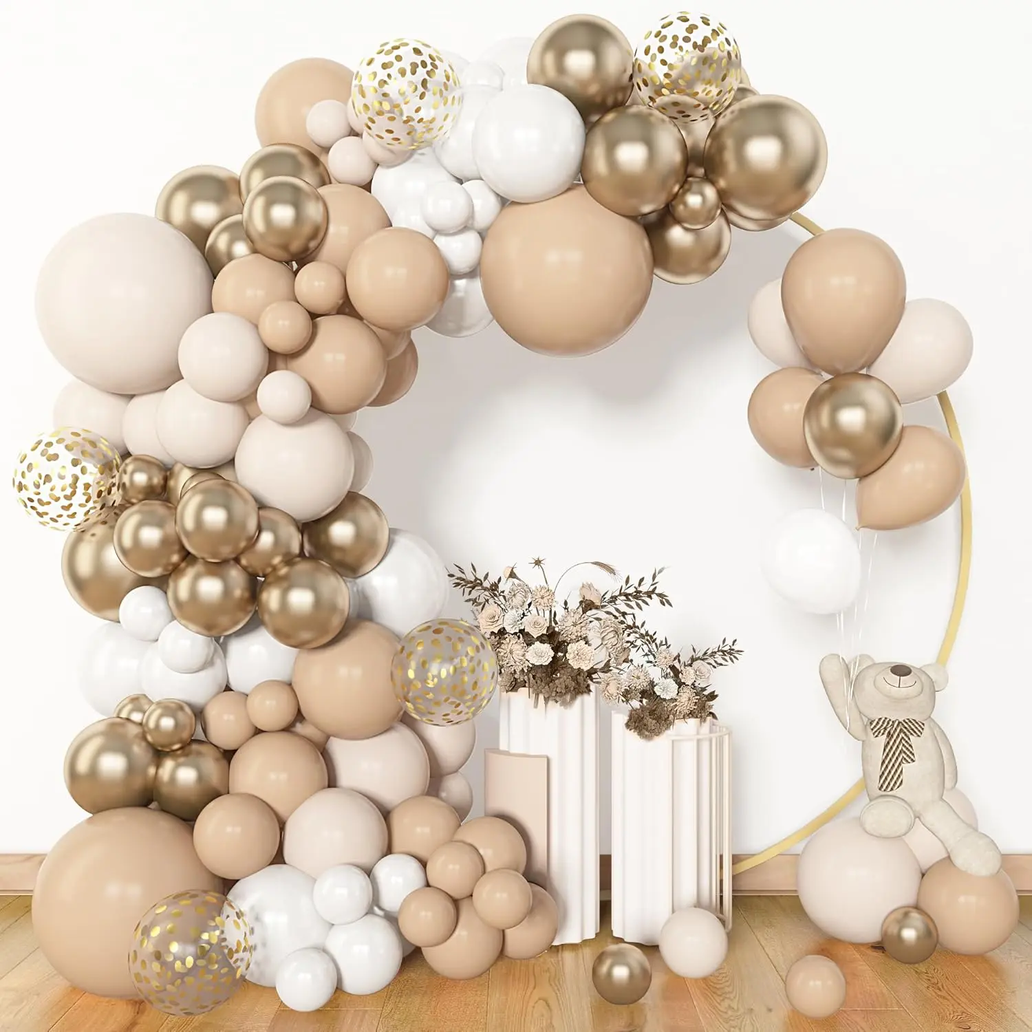 153-Count Not Easily Broken Balloon Garland Arch Kit - 18/12/10/5in White Sand, Beige, Cream, Champagne Gold Latex, Metallic, Confetti Balloons with Ribbon, Hook, Tools for Boho Neutral Birthday, Graduation Decor