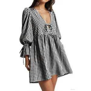 Women's Gingham Puff Sleeve Tie Front Babydoll Mini Dress Casual LightWRPI