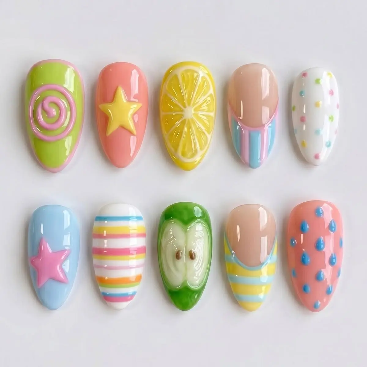 3D Kawaii Summer Fruit Press On Nails | Cute Lemon Apple Star & Water Drop Nail Art Set| FREE Adhesive Tabs  Nail File Cuticle Stick