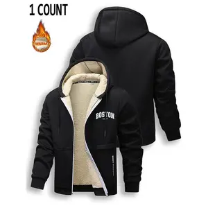 Men's Thickened Fleece Jacket Printed Letter Hoodie Casual Comfortable Lamb Plush Sweatshirt Zipper Cardigan Warm Handsome Sportswear Coats Black Long Sleeve Stylish Menswear Tops