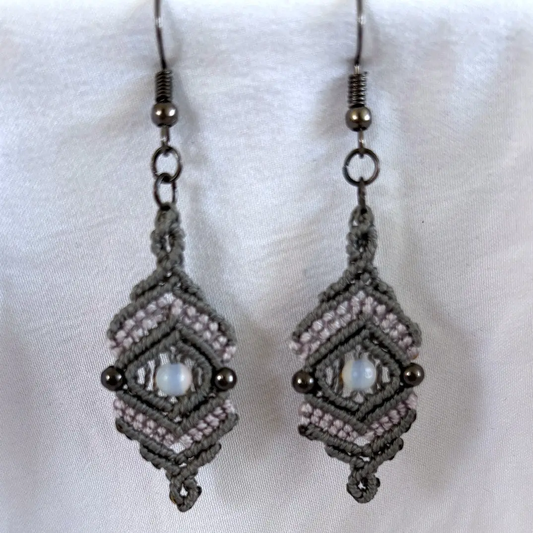 Macrame Drop Earrings - Silvery Gray with Opalite Bead Accents