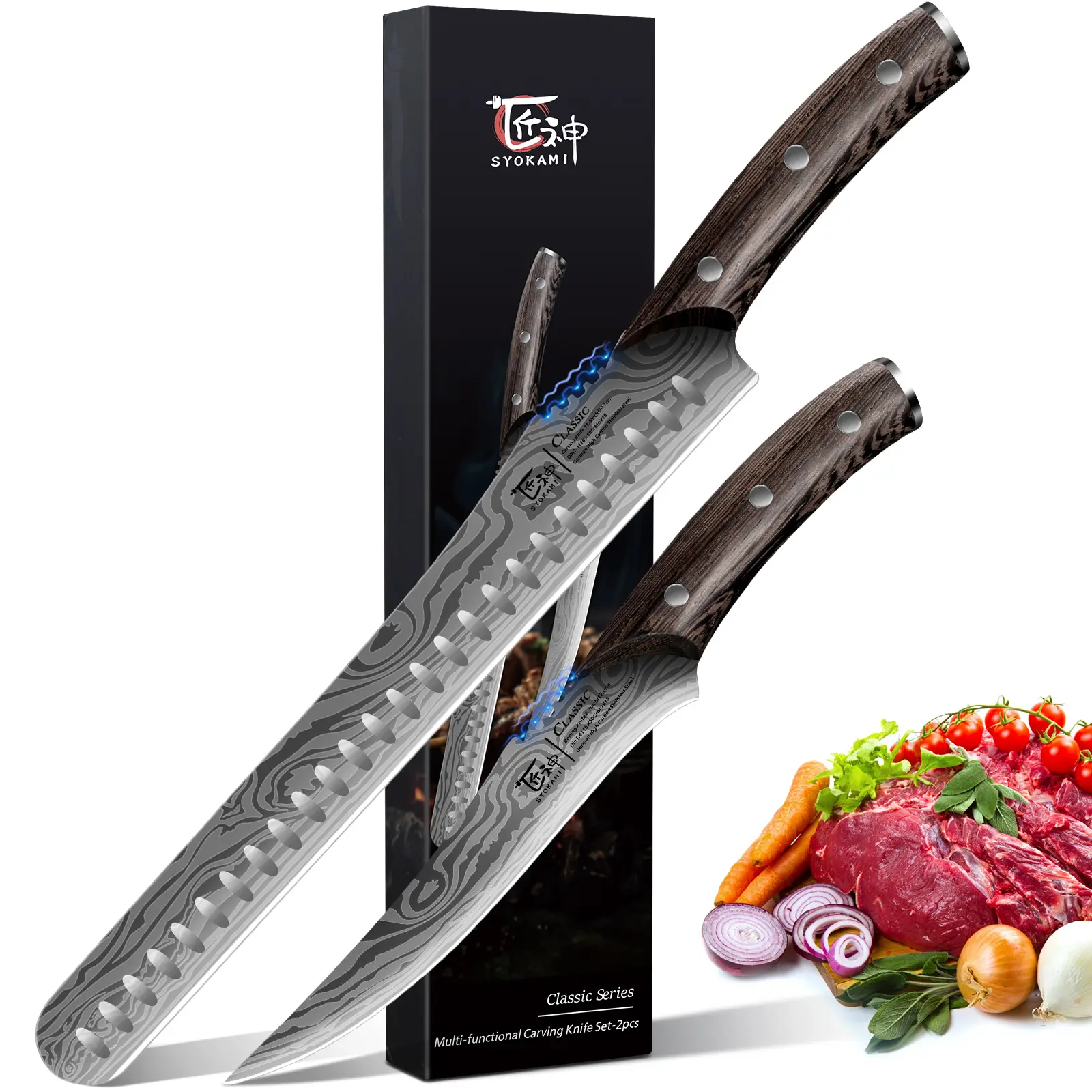 【DealsForYouDays】 SYOKAMI BBQ Carving Knives 2 PCS Set, Brisket Slicing Knife and Boning Knife for Meat Cutting, Razor Sharp Japanese Style High Carbon Steel Kitchen Knives, Wood Ergonomic Full Tang Handle, Ideal for Mother's Day Gift