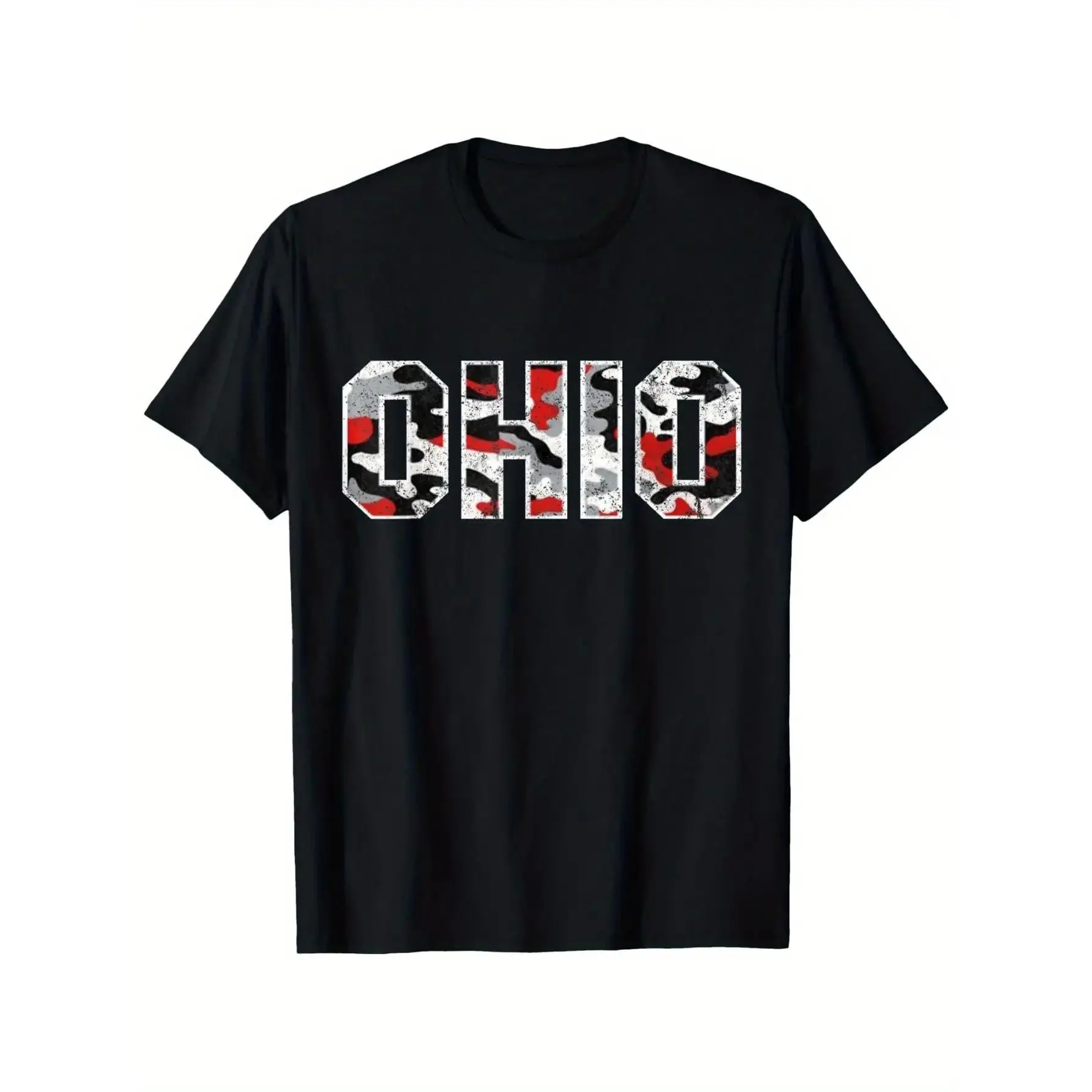 Unisex Ohio State 'OHIO' Graphic T-Shirt |   100% Cotton |   Casual Round Neck |   Distressed Camo Print |   Multi-Size S-XXXL |   Machine Washable & Dry Clean Safe |   All-Season Comfort, Casual Wear |   Distressed  double print    Y2K Streetwear Tee