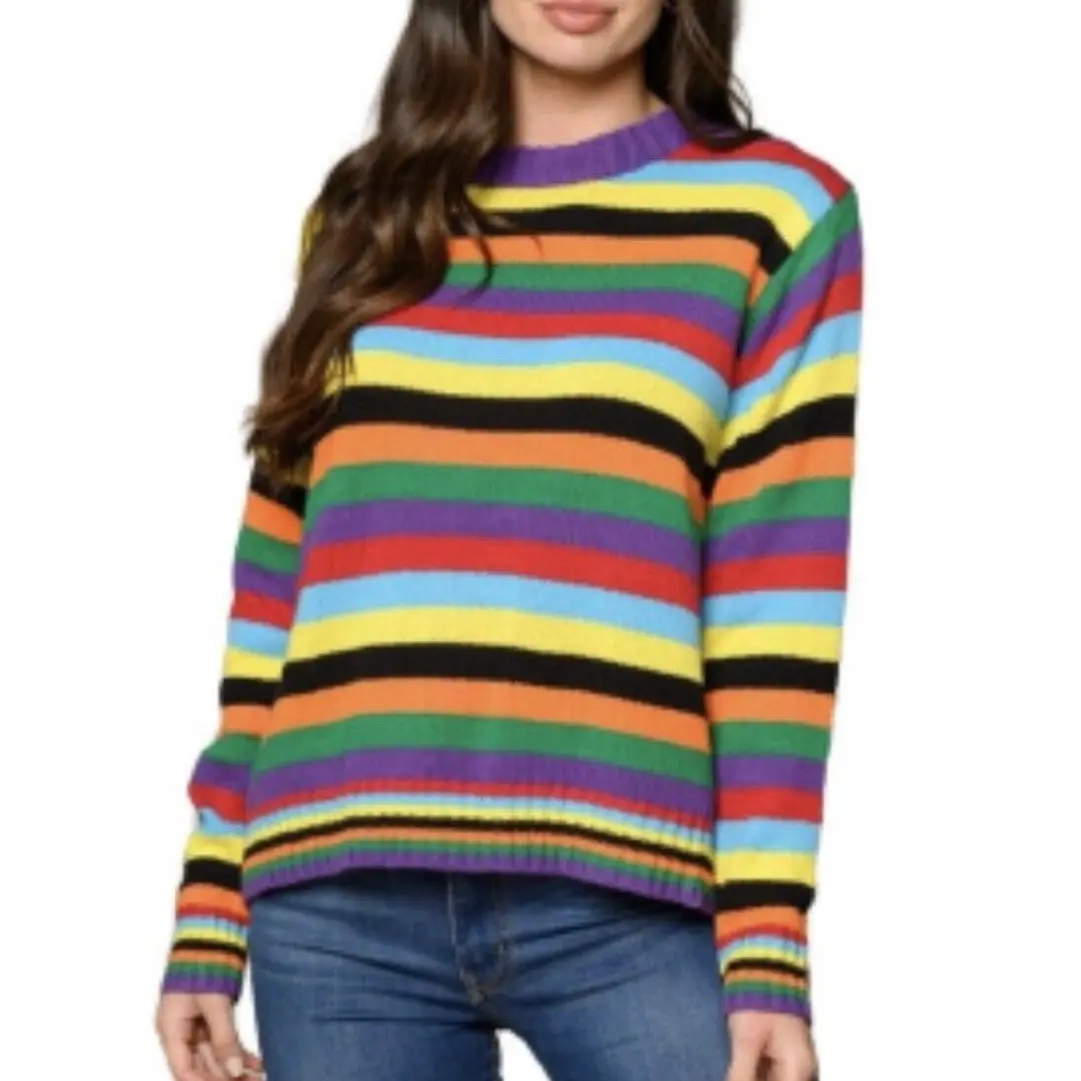 Olivaceus Rainbow Stripe Crew Neck Long Sleeve Pullover Sweater New in Bag