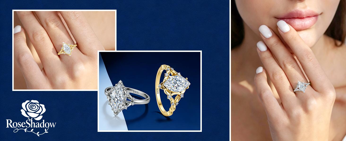 ROSESHADOW 1CT/2CT Marquise Cut VVS Moissanite Vintage Nature-inspired Engagement Ring 14K Gold Plated Sterling Silver Promise Wedding Band Bridal Festival Synthetic Moissanite Jewelry Gift  with Certificate & Box
