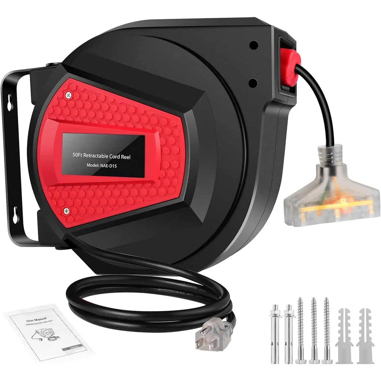 Retractable Extension Cord Reel, 50FT 14AWG/3C Power Cord Reel for Garage Workshop, Wall/Ceiling Mounted Extension Cord Reel, 3-Lighted Triple Outlets, UL Listed, 13A Circuit Breaker