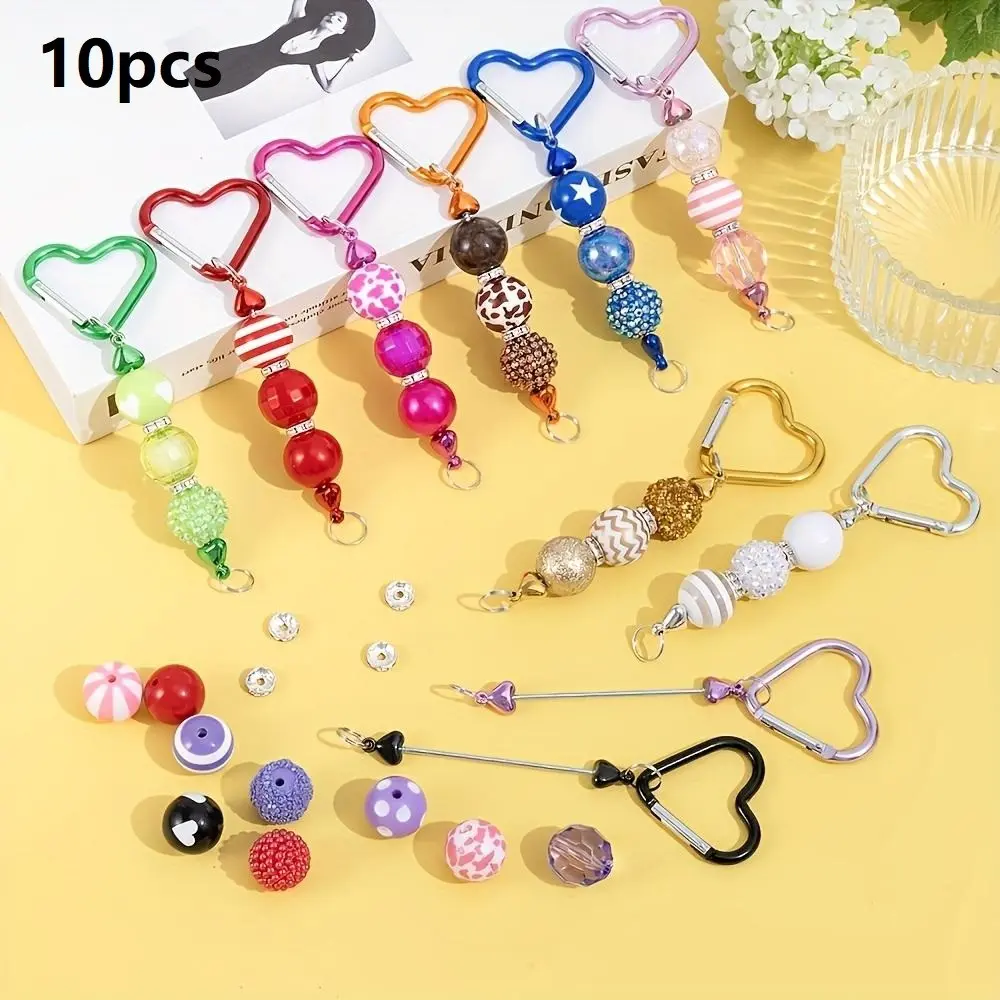 10 Piece Heart Keychain Set, DIY Keyring Pendants, Silver Color Metal Beads, for Bracelet Keys, Connectors, Handmade Jewelry, Bag Accessories, Bling Bling Keychains, Keychains Cute