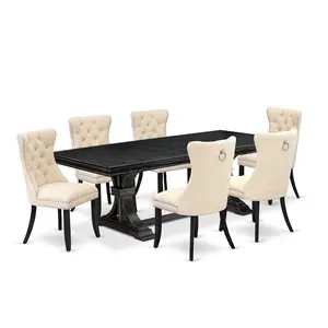 7 piece dining table set of a wooden table and 6 Linen Fabric dining room chairs
