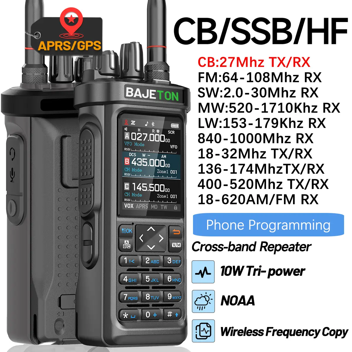 BAJETON BJ-9000 Walkie Talkies GPS APRS CB/SSB/RX/HF 10W CB 27Mhz Receive Bluetooth Programming Long NOAA VOX  Rang ShortWave For RT-950PRO RT-950 Radio