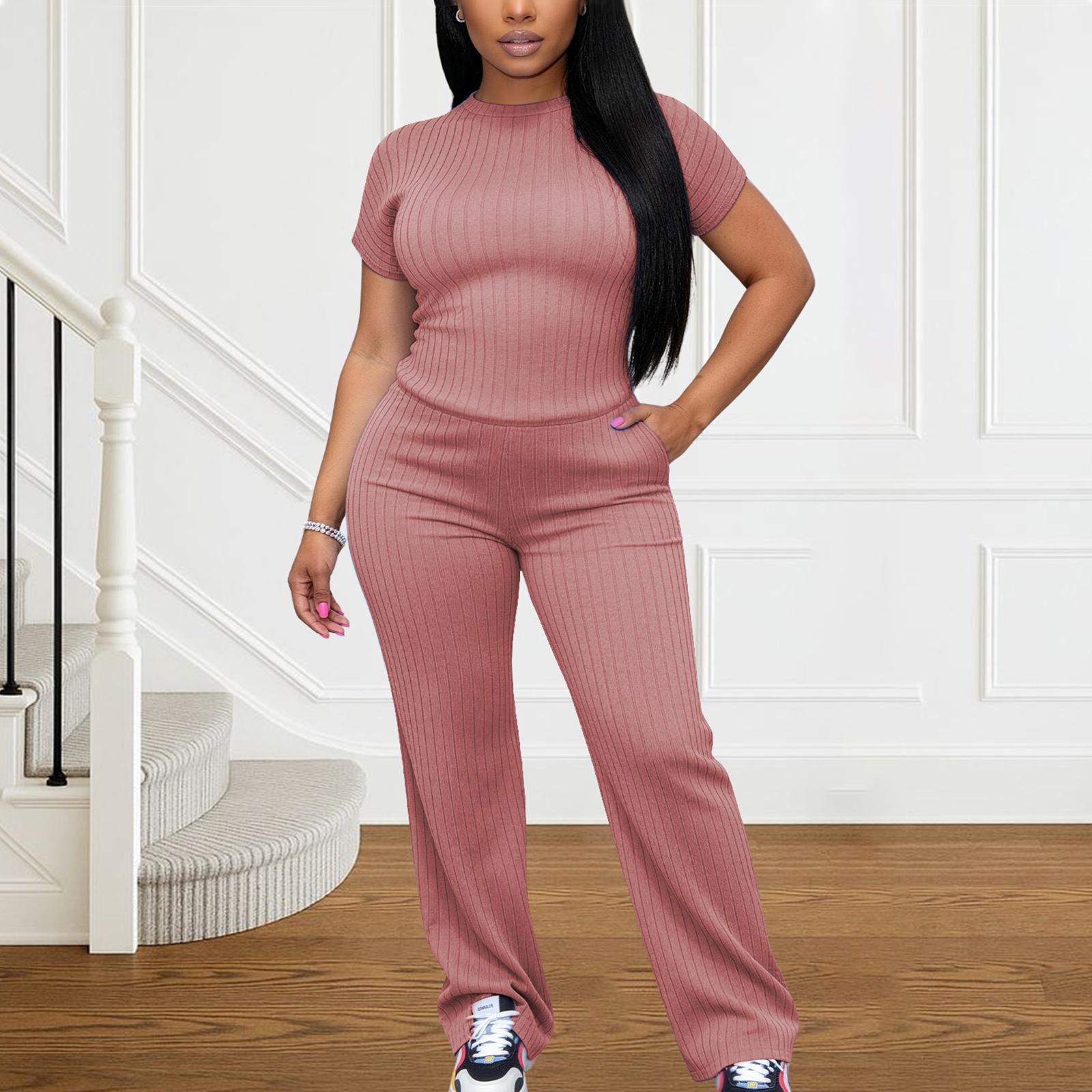Women's All-Season Ribbed Knit Set - Thin Lightweight Fabric, Crew Neck Short Sleeve Tee & Wide Leg Pants with Pockets, Comfy for Loungewear, WFH & Weekend Casual