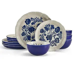 12 Piece Stoneware Dinnerware Set Blue
