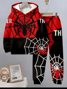 New Boys' 3D Printing Set, Spider-Man Theme Sweatshirt, Spring & Fall Casual Two-Piece, Long Sleeve, Slim-Fitting, All over Print