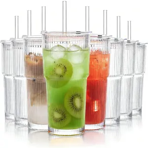 Set of 8 Oversize Ribbed Glassware, 20oz Vintage Clear Glass Tumbler, Large capacity, Origami Style, Fluted Design, Ideal for Water, Iced Coffee, Beer, Tea, Latte, Housewarming Gift