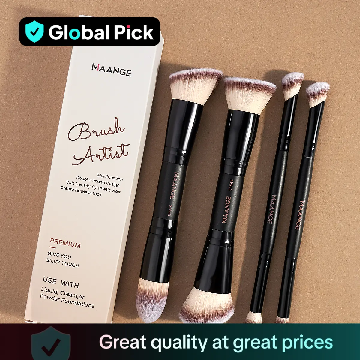 Professional Facial Double-ended Makeup Brush Set, Bevel & Taper Foundation Brush & Contour Brush & Blush Brush & Powder Brush, Makeup Tools