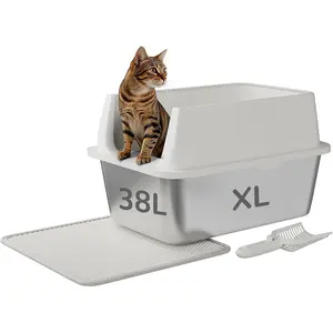 Stainless Steel Litter Box with Lid, Large Enclosed Cat Litter Box for Big Cats, Metal Cat Box with High Sided Enclosure & Scoop&Litter Mat, Odor Free, Anti-Leakage