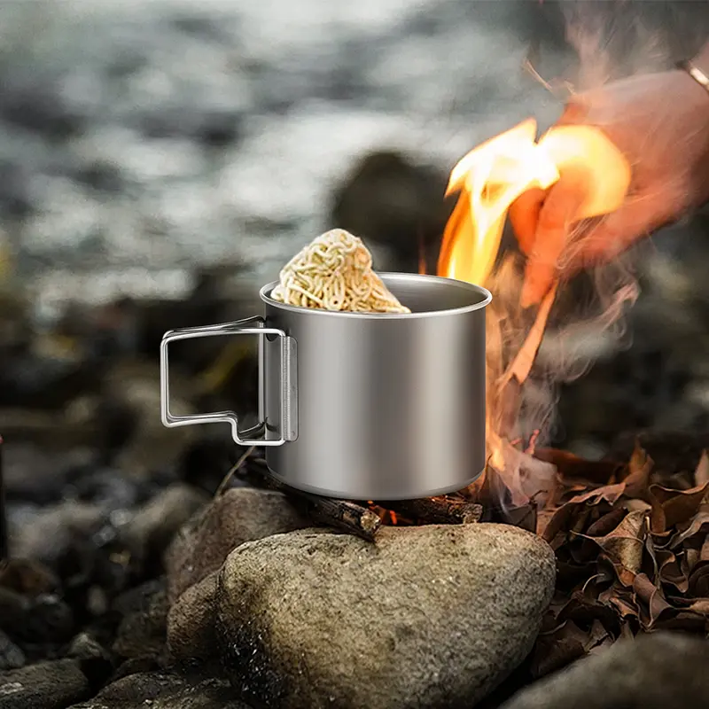 Premium TA1 Pure Titanium Camping Cup - 800ml/29oz Uncoated Outdoor Pot with Lid, Foldable Handles, Sandblasted Surface, FDA/LFGB Certified, BPA-Free for Ultralight Backpacking (Outdoor Cooking Equipment)