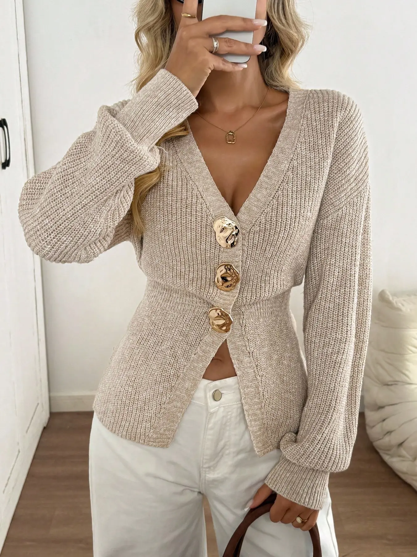 New Casual Drop Shoulder Waist Cinched Knit Solid Cardigan, Metal Button Sweater for Women, Comfortable Fall Fashion, New Year