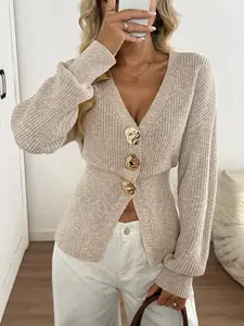 New Casual Drop Shoulder Waist Cinched Knit Cardigan, Metal Button Sweater for Women, Comfortable Fall Fashion, New Year