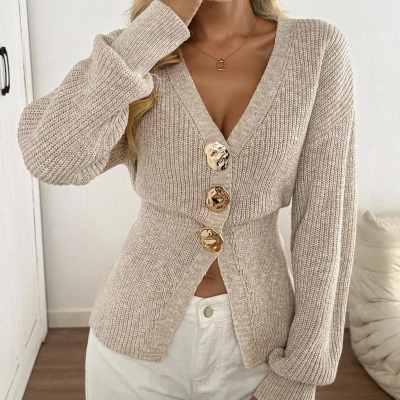 New Casual Drop Shoulder Waist Cinched Fit Knit Solid Cardigan, Metal Button Sweater for Women, Comfortable Fall Fashion, New Year
