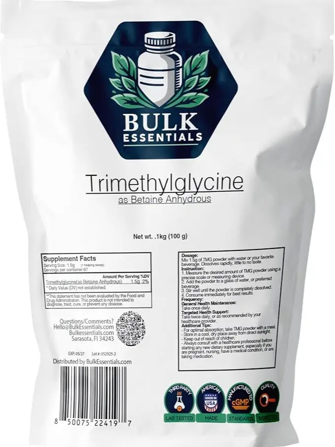 TMG Supplements – Trimethylglycine as Betaine Anhydrous for Homocysteine Levels & Active Lifestyles – Unflavored USA Made Powder Free from Gluten & GMO – 1.5g Per Serving