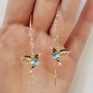 2 pairs of exquisite hummingbird designs, sparkling synthetic gemstone inlaid pendant earrings, elegant and cute style, exquisite female gift