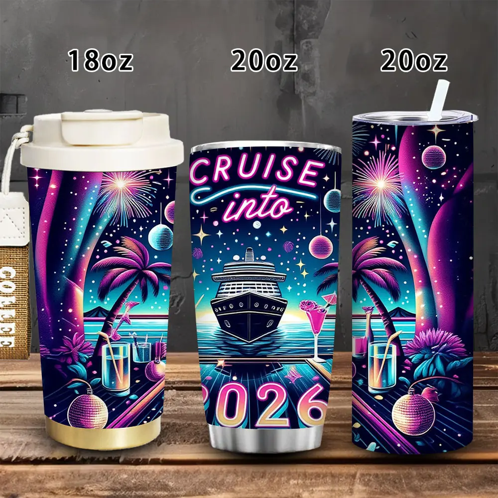 1pc Neon "Cruise into 2026" Insulated Travel Tumbler (18oz/20oz) with Lid & Straw, Vacuum Flask for Iced/Hot Coffee, Valentine’s Day Gift for Women & Men, Flasks