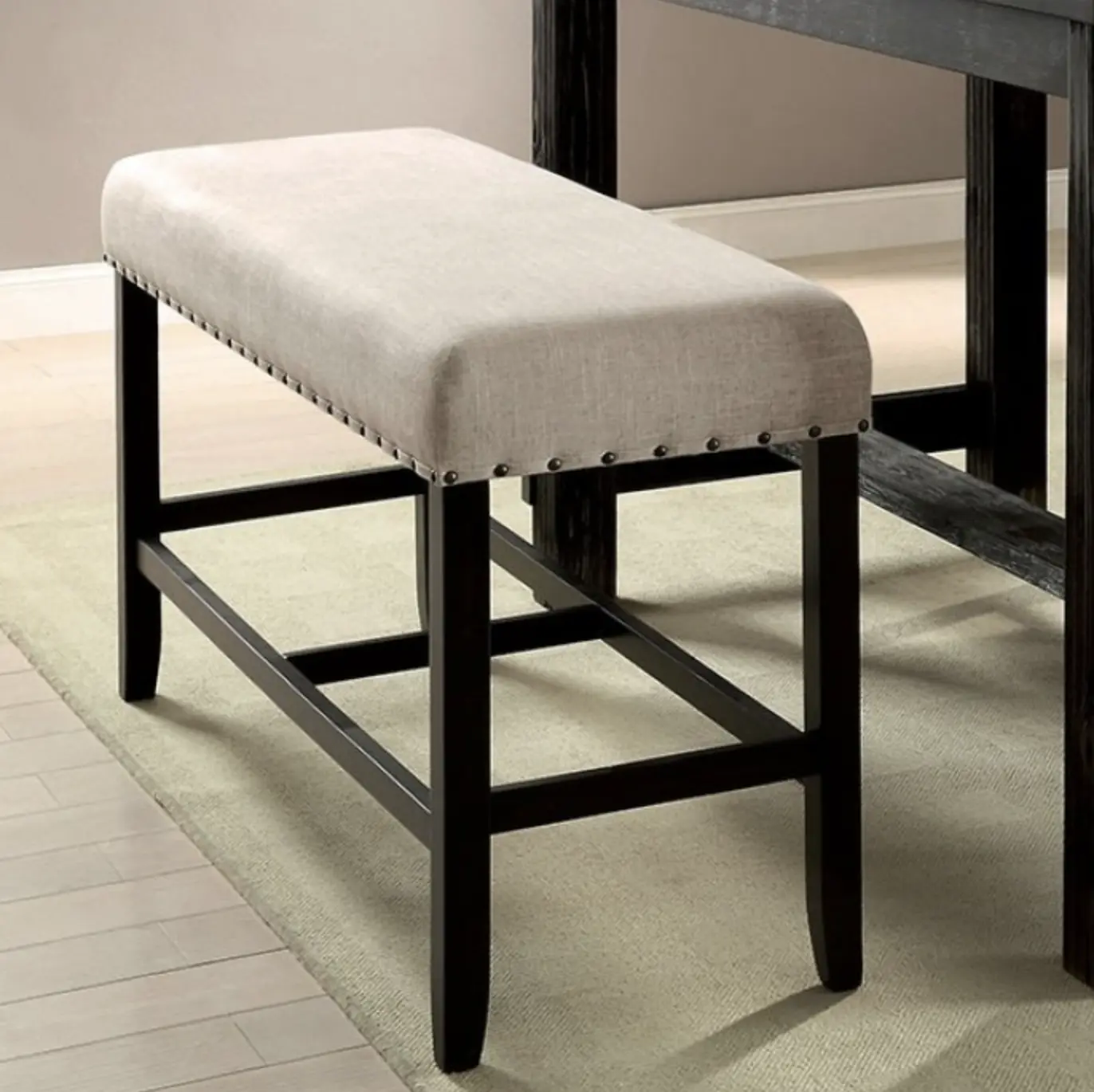 Sania Rustic Counter Height Bench - Antique Black / Beige
