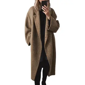 Women's Winter Double-Breasted Long Wool Coat Notched Lapel Long Coat with 2 Side Pockets for Daily Life & Streetwear - WomenswearGift