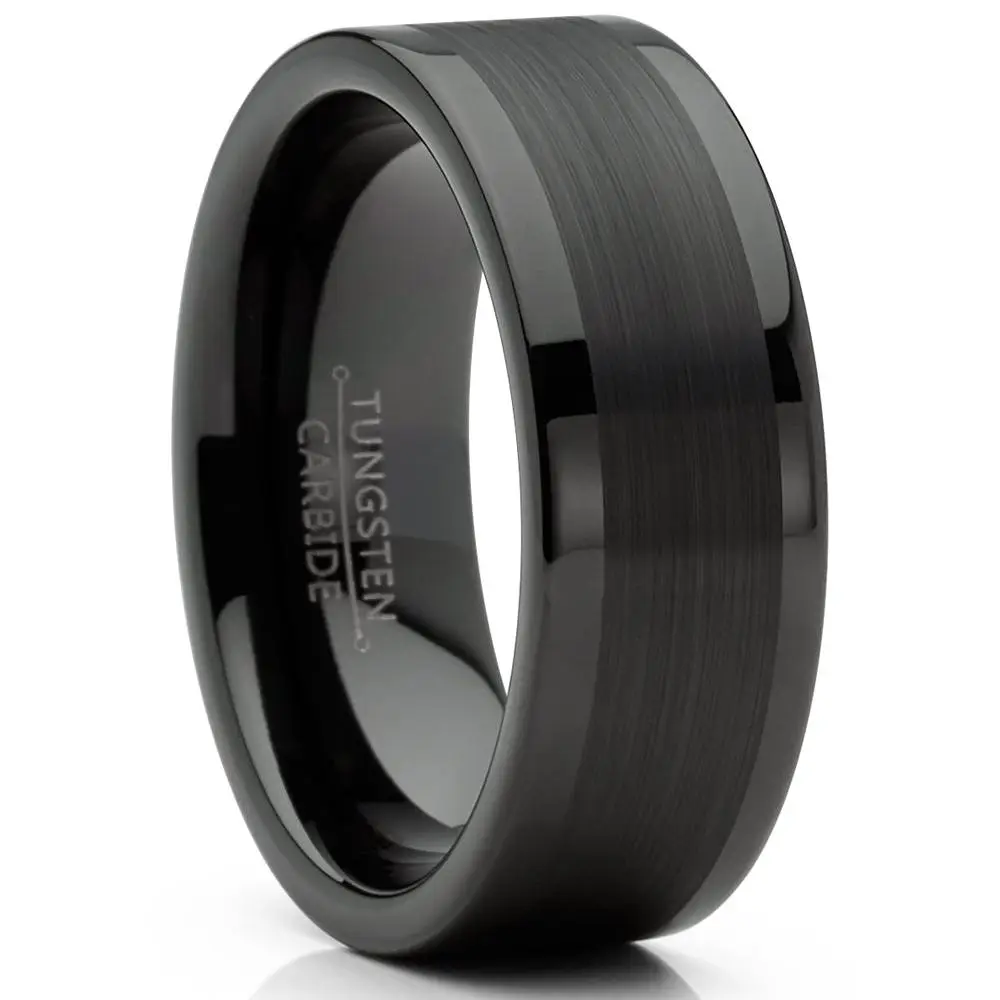 Mens Tungsten Ring Black Wedding Band High-Polish Comfort-fit 8MM