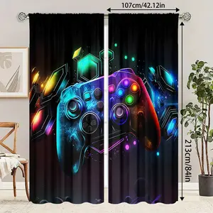 2 Piece Background Color Game Controller Print Curtains, Semi-Transparent Polyester Fiber, Rod Pocket Design
