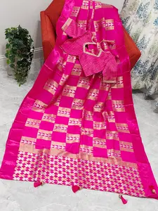 Russian Dola Crepe Silk Saree with Geometric Zari Woven Design & Ready Stitched Blouse | Pink